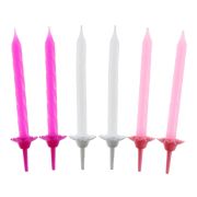 24 lumanari spiralate albe, roz si fuschia cu 12 suporturi - inaltime 5.5 cm