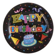 Farfurii negre Happy Birthday tort si confetti