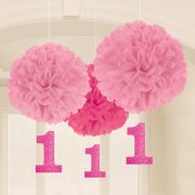 3 pompoane roz cifra 1 - 40 cm