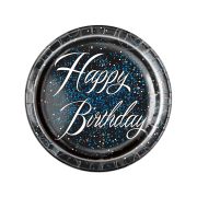 8 Farfurii negre Happy Birthday - 22 cm