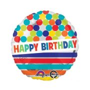 Balon folie metalizata Happy Birthday cu buline si dungi - 45 cm