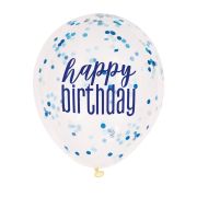 6 baloane Happy Birthday cu confetti bleu - 30 cm