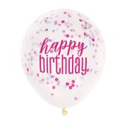 6 baloane transparente Happy Birthday cu confetti roz- 30 cm