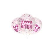 6 baloane transparente Happy Birthday cu confetti roz- 30 cm