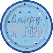 8 Farfurii Happy Birthday bleu - 22 cm