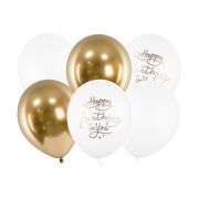 6 Baloane albe și aurii cu Happy Birthday - 30 cm