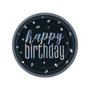 8 farfurii negre cu buline Happy Birthday - 22 cm