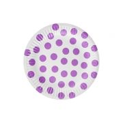 6 farfurii albe cu buline mov - 18 cm