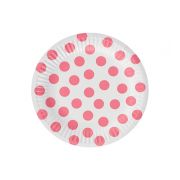 6 farfurii albe cu buline roz - 18 cm