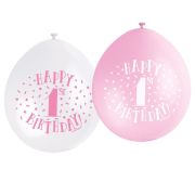 10 baloane prima aniversare roz -alb - 22 cm