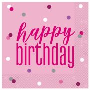 16 șervețele roz Happy Birthday