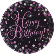 8 farfurii Happy Birthday negru cu roz - 23 cm