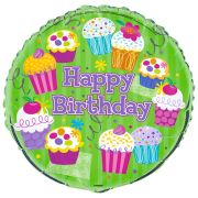 Balon Folie Rotund "Happy Birthday" verde cu Brioșe Colorate 45 cm