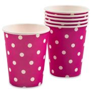 Pahare roz inchis cu buline din carton pentru party la set de 10 pahare de 250 ml