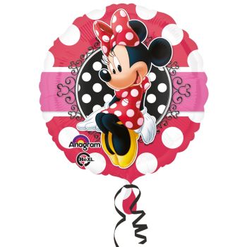 Balon Folie Rotund cu Minnie Mouse în Rochiță Roșie cu Buline 43 cm