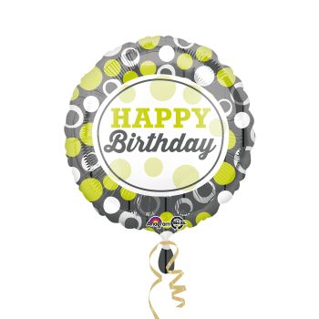 Balon Folie Rotund "Happy Birthday" cu Buline Verzi și Arginitii