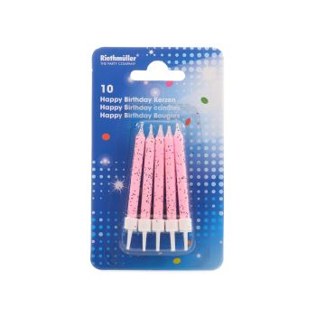 Set 10 lumanari roz cu sclipici pentru tort