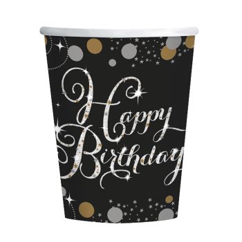 Set 8 Pahare „Happy Birthday” Color – 266 ml, Design Festiv cu Stele