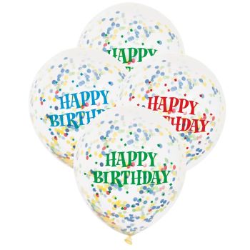 6 baloane transparente Happy Birthday cu confetti - 30 cm