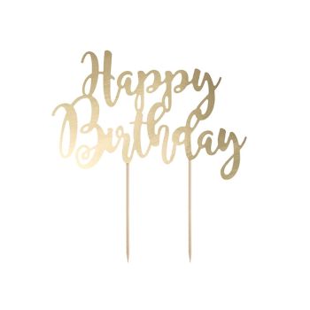 Decoratiune tort aurie Happy Birthday