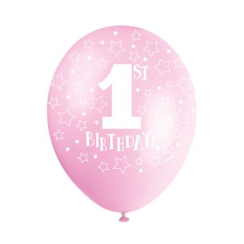 5 baloane roz prima aniversare - 30 cm