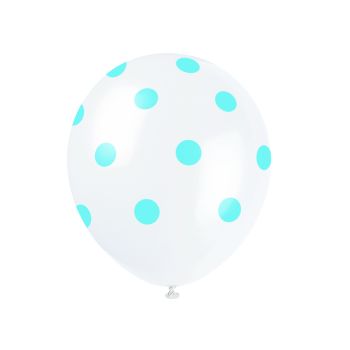 6 baloane albe cu buline bleu - 30 cm