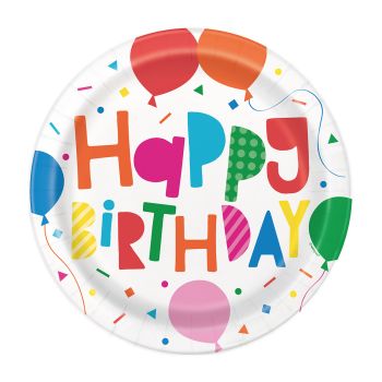 8 farfurii albe Happy Birthday - 22 cm