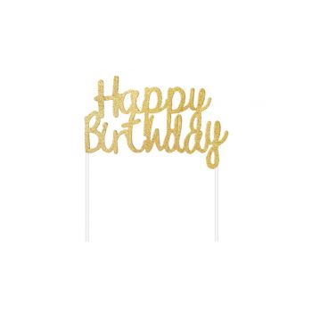 Decorațiune tort Happy Birthday aurie - 11 cm