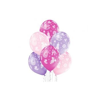Set 6 Baloane Latex Decorate – Roz, Mov și Lila, Tematică Bebeluș Fetiță - 30 cm