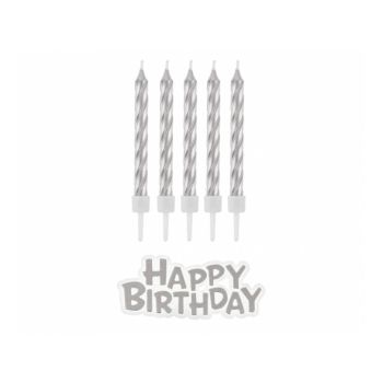 16 lumânări argintii și mesajul Happy Birthday