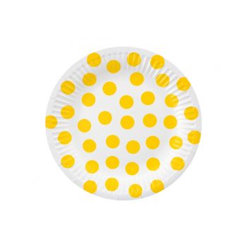 6 farfurii albe cu buline galbene - 18 cm