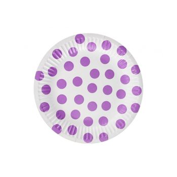 6 farfurii albe cu buline mov - 18 cm
