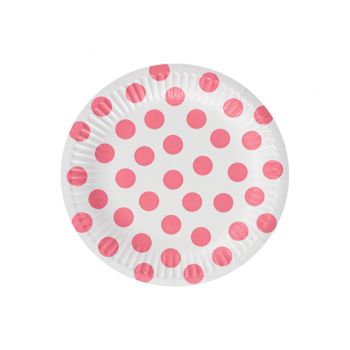 6 farfurii albe cu buline roz - 18 cm