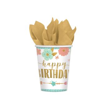 8 pahare cu flori Happy Birthday - 250 ml