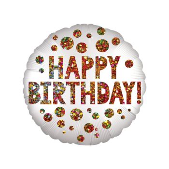 Balon alb satinat Happy Birthday - 43 cm