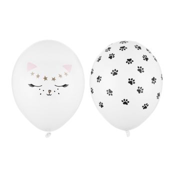 10 baloane albe cu imprimeu pisicuta - 30 cm