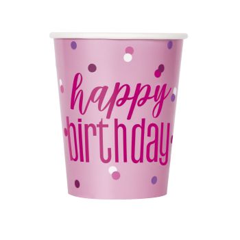 8 pahare Happy B-day cu roz - 270 ml