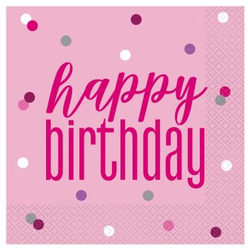 16 șervețele roz Happy Birthday