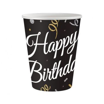 6 pahare negre Happy Birthday - 250 ml	