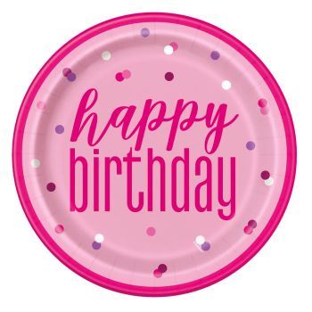 8 farfurii Happy Birthday roz - 22 cm