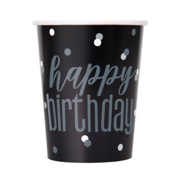 8 pahare party negre Happy Birthday - 266 ml	