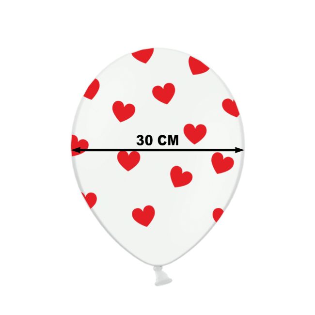 10 baloane albe cu inimioare rosii - 30 cm