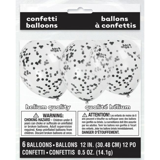 6 baloane transparente cu confetti negre - 30.5 cm