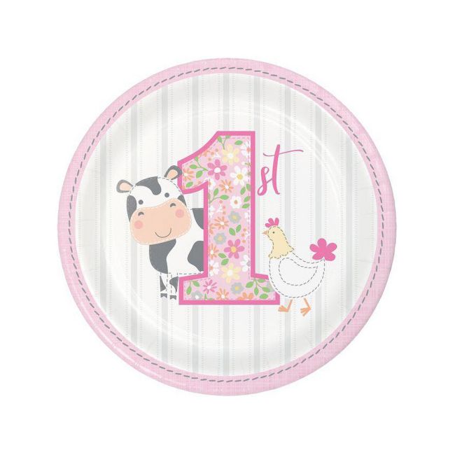 8 farfurii prima aniversare roz - 18 cm