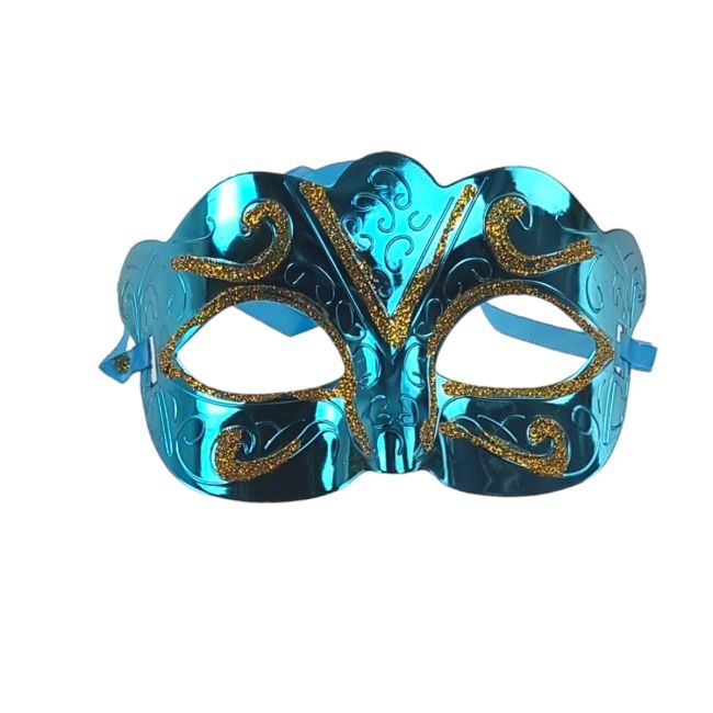 Masca de carnaval albastra cu aspect metalic si sclipici