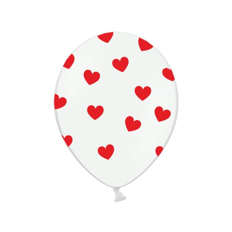 10 baloane albe cu inimioare rosii - 30 cm