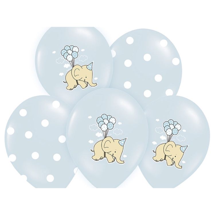 10 baloane bleu cu buline albe si elefant 30 cm