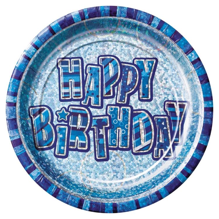 8 Farfurii bleu Happy Birthday - 21 cm