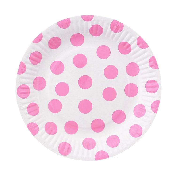 6 Farfurii albe cu buline roz - 18 cm