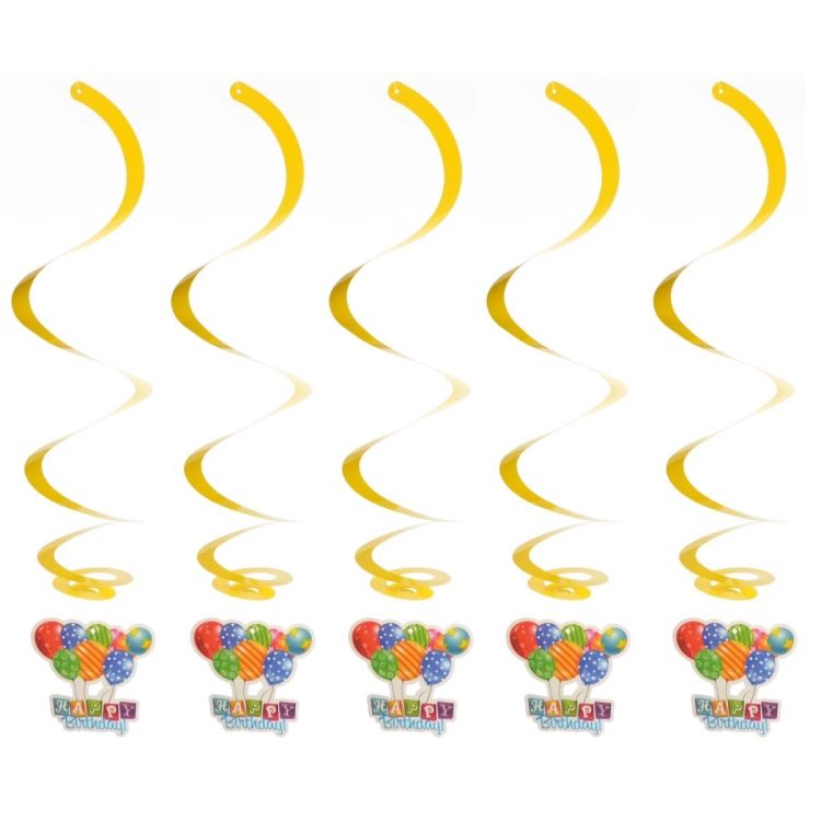 Decoratiuni spirala galbena Happy Birthday cu baloane